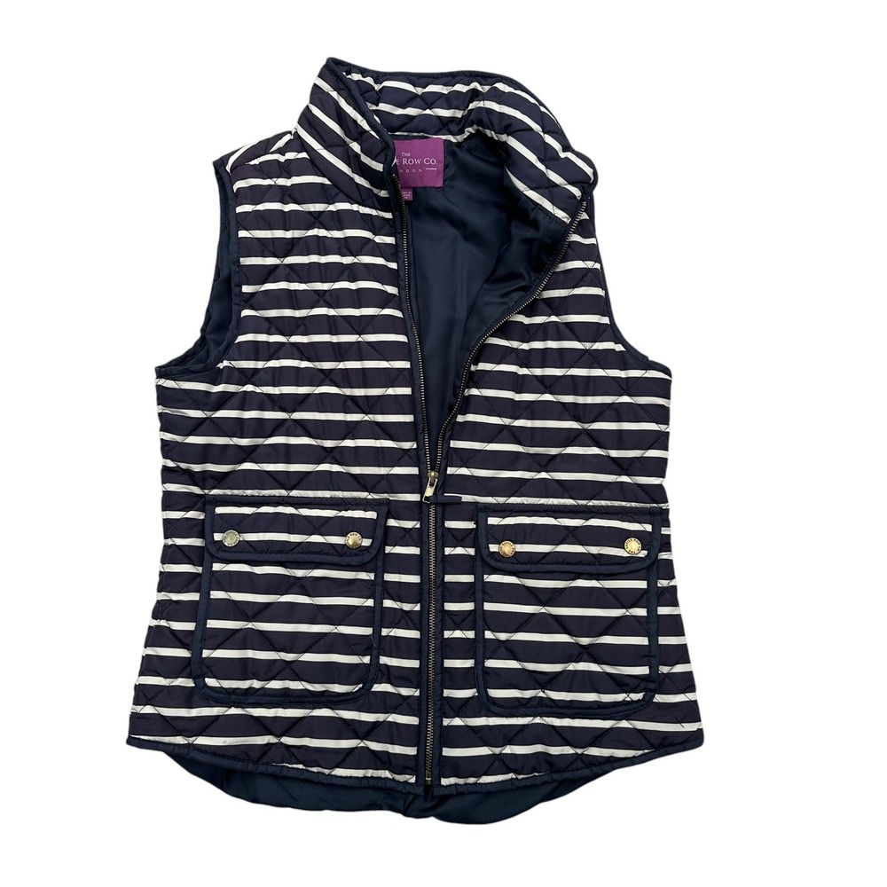 The Savile Row Co Womens Quilted Vest Medium Navy White Striped Zip Puffer